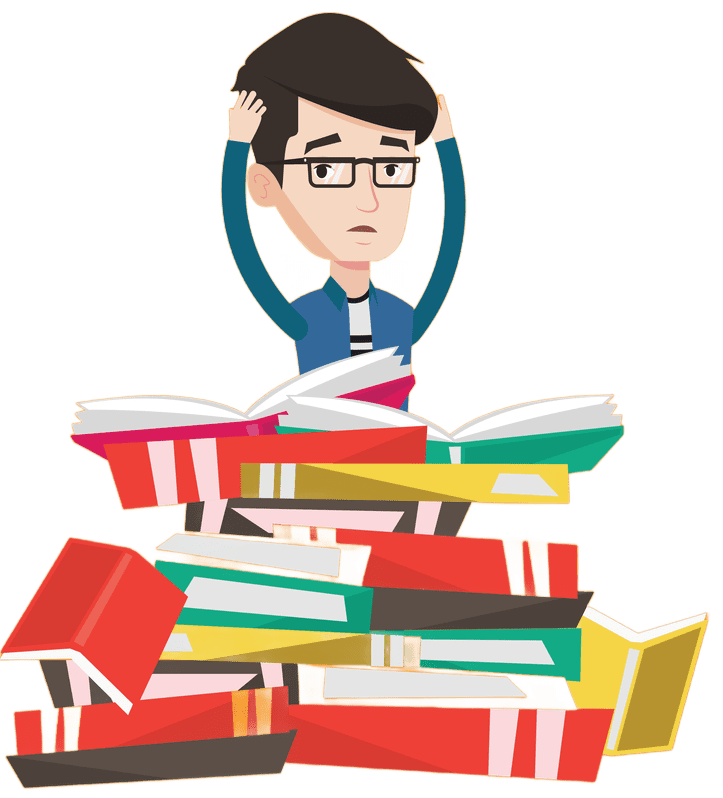 Animovaný student v nesnázích, sedící mezi knihami se drží za hlavu